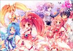  5girls :d ;d black_hair blonde_hair blue_choker blue_eyes blue_hair bow choker cure_blossom cure_flower cure_marine cure_moonlight cure_sunshine elbow_gloves flower gloves green_eyes hair_ornament hair_ribbon hanasaki_kaoruko hanasaki_sora hanasaki_tsubomi heart heart_hands heartcatch_precure! kokonoe_miya kurumi_erika magical_girl multiple_girls myoudouin_itsuki one_eye_closed open_mouth orange_bow orange_choker pink_bow pink_choker pink_hair ponytail precure purple_hair red_choker red_eyes red_hair ribbon smile tsukikage_yuri twintails yellow_eyes 