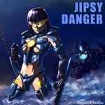  arm_blade armor artist_name breasts character_name clenched_hands dual_wielding elbow_gloves giantess gipsy_danger gloves holding kaijuu kwaejina mecha_musume medium_breasts midriff navel pacific_rim personification purple_hair shooting_glasses short_hair solo_focus typo underboob visor wading weapon wet 