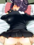  1boy 1girl anal ass ass_grab bed blush censored clothed_sex covered_nipples doggystyle erect_nipples eyepatch fingerless_gloves from_behind gloves indoors kantai_collection looking_at_viewer looking_back lying moaning on_stomach open_mouth penis pillow pleated_skirt pov pov_eye_contact purple_hair sex short_hair skirt sweat tatami tenryuu_(kantai_collection) top-down_bottom-up 
