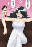  bare_shoulders black_hair breasts crossed_legs detached_sleeves female_admiral_(kantai_collection) glasses hairband japanese_clothes kantai_collection kirishima_(kantai_collection) long_hair medium_breasts multiple_girls open_mouth original short_hair sitting skirt translation_request wata_do_chinkuru 