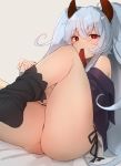  1girl black_legwear curly_hair demon_girl demon_horns eyes_visible_through_hair female grey_hair grim_aloe hair_between_eyes horns kedama_milk knee_up long_hair looking_at_viewer mouth_hair mouth_hold panties quiz_magic_academy_the_world_evolve red_eyes side-tie_panties simple_background sitting solo thighs underwear very_long_hair 