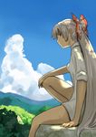  alternate_costume arm_support bad_id bad_pixiv_id blue_eyes bottomless bow cloud day dress_shirt fujiwara_no_mokou hair_bow long_hair naked_shirt no_pants ponytail profile shibasaki_shouji shirt silver_hair sitting sky solo sweat touhou tree_shade very_long_hair 