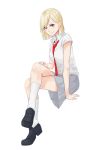  1girl black_footwear blonde_hair full_body grey_skirt hand_on_lap highres kneehighs legs_crossed loafers looking_at_viewer miniskirt necktie original pleated_skirt red_eyes red_neckwear saruno_(eyesonly712) school_uniform shirt shoes short_hair short_sleeves simple_background sitting skirt smile solo white_background white_legwear white_shirt 