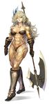  abs amazon_(dragon's_crown) armlet armor bikini_armor blonde_hair boots breasts circlet dragon's_crown feathers gloves halberd highres large_breasts long_hair muscle muscular_female polearm purple_eyes shamogin solo tattoo thick_thighs thighs weapon 