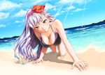  all_fours banned_artist beach bikini blue_sky breasts cleavage cloud day downblouse flower hair_flower hair_ornament hairband hibiscus horizon idolmaster idolmaster_(classic) large_breasts lips long_hair looking_at_viewer nigiriushi ocean outdoors purple_eyes sand shijou_takane silver_hair sky solo swimsuit wet 