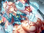  bow bubble_skirt expressionless face_mask fox_mask gengetsu_chihiro hata_no_kokoro highres long_hair long_sleeves mask oni_mask open_mouth pink_eyes pink_hair plaid plaid_shirt shirt skirt solo touhou very_long_hair 