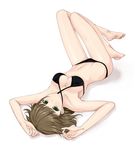  bad_id bad_pixiv_id barefoot bikini black_bikini breasts brown_hair cleavage couzone criss-cross_halter green_eyes halter_top halterneck highres legs looking_at_viewer lying medium_breasts navel on_back original shadow short_hair solo swimsuit upside-down white_background 