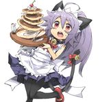  ahoge angelo_(gomahangetsu) animal_ears bell cat_ears cat_tail cherry cornet-san_(angelo) food fork fruit knife long_hair maid maid_headdress open_mouth original pancake pantyhose ponytail purple_hair red_eyes simple_background sleeveless solo stack_of_pancakes tail tail_bell white_background 