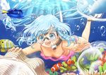  air_bubble bad_id bad_pixiv_id banned_artist blue_eyes blue_hair breath bubble bubble_blowing clam coral diving diving_mask downblouse fish flippers freediving happy highres nigiriushi open_mouth original snorkel swimming underwater 