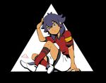  armband black_background blue_eyes frown full_body inazuma_eleven_(series) inazuma_eleven_go kidokawa_seishuu kishibe_taiga long_hair male_focus mizuhara_aki purple_hair sitting soccer_uniform solo sportswear 