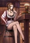  apron barrel beer_mug black_bra bottle bra breasts brown_eyes brown_hair chair cleavage crossed_legs dirndl german_clothes highres jewelry kurumayama medium_breasts original parted_lips pendant plate ponytail shelf short_hair sitting smile solo table underwear 