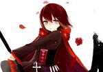  bad_id bad_pixiv_id cape corset crescent_rose cross flower red_hair rose ruby_rose rwby short_hair silver_eyes solo tomato_omurice_melon weapon 