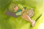  barefoot blush brown_hair child crossed_ankles crying free! full_body green_eyes hair_between_eyes holding kuginkai lying male_focus no_shoes on_side open_mouth pillow shorts solo stuffed_animal stuffed_dolphin stuffed_toy tachibana_makoto tears younger 