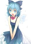  :d bare_arms bare_shoulders blue_dress blue_eyes blue_hair bow cirno culter dress embarrassed hair_bow highres ice ice_wings open_mouth pinafore_dress simple_background sleeveless sleeveless_dress smile solo touhou v-shaped_eyebrows v_arms white_background wings 