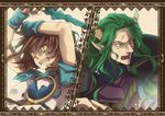  1girl angry arle_nadja brown_hair cape green_hair horns long_hair madou_monogatari open_mouth pointy_ears puyopuyo red_eyes satan_(puyopuyo) sepia_background shirt short_hair slit_pupils toukai-analogue yellow_eyes 