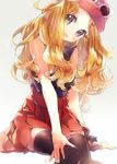  bad_id bad_pixiv_id black_legwear blonde_hair blush breasts brown_eyes curly_hair eyewear_on_head hand_on_own_knee hat head_tilt long_hair looking_at_viewer medium_breasts namie-kun no_nose open_mouth pleated_skirt pokemon pokemon_(game) pokemon_xy serena_(pokemon) sitting skirt sleeveless smile solo sunglasses thighhighs zettai_ryouiki 