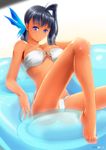  bandeau barefoot bikini biruteratai black_hair blue_eyes inflatable_chair long_hair original shiny shiny_skin sitting smile solo swimsuit yagisaka_seto 