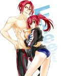  1girl abs bad_id bad_pixiv_id brother_and_sister competition_swimsuit free! fujino_ran jacket jammers long_hair matsuoka_gou matsuoka_rin one-piece_swimsuit ponytail red_eyes red_hair siblings swimsuit teeth 