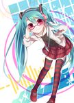  aqua_hair glasses hand_on_hip hatsune_miku headphones jewelry kocchi_muite_baby_(vocaloid) leaning_forward long_hair minyamo natural_(module) necklace project_diva_(series) project_diva_2nd red_eyes skirt smile solo striped striped_legwear thighhighs twintails very_long_hair vocaloid 