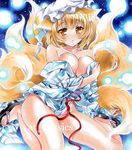  animal_ears at_classics blonde_hair blush breasts cleavage covering covering_breasts fox_ears fox_tail japanese_clothes kimono large_breasts marker_(medium) md5_mismatch multiple_tails no_bra no_panties off_shoulder sample sandals short_hair solo tail touhou traditional_media yakumo_ran yellow_eyes 
