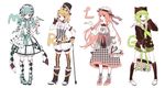  alternate_costume animal_ears animal_hat argyle argyle_legwear blonde_hair blue_hair cat_ears cat_hat corset flat_color gothic_lolita green_hair gumi hat hatsune_miku highres itsia kagamine_rin kneehighs lolita_fashion long_hair long_skirt megurine_luka multiple_girls pantyhose pink_hair plaid plaid_skirt platform_footwear platform_heels short_hair sidelocks simple_background skirt smile socks striped striped_legwear thighhighs twintails unmoving_pattern vertical-striped_legwear vertical_stripes vocaloid white_background 