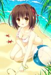  ball barefoot beach beachball bekotarou bikini bracelet breasts brown_hair cleavage crab happy highres jewelry medium_breasts original outdoors short_hair short_twintails smile solo swimsuit twintails water yellow_eyes 