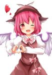  animal_ears brown_dress dress hat heart heart-shaped_pupils heart_hands highres juliet_sleeves long_sleeves looking_at_viewer mystia_lorelei one_eye_closed open_mouth pink_eyes pink_hair puffy_sleeves shirt simple_background smile solo symbol-shaped_pupils touhou white_background wings yamato_(muchuu_paradigm) 