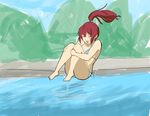  bikini closed_eyes drawfag free! happy highres jumping long_hair matsuoka_gou ponytail pool red_hair smile solo swimsuit water 