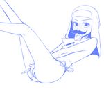 between_legs blush condom condom_in_mouth facial_hair full-face_blush habit hand_between_legs looking_at_viewer maydrawfag monochrome mouth_hold mustache nun original panties side-tie_panties solo topless underwear 