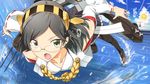  black_hair cannon detached_sleeves foreshortening glasses green-framed_eyewear green_eyes hairband japanese_clothes kantai_collection kirishima_(kantai_collection) looking_at_viewer miko open_mouth semi-rimless_eyewear skirt solo under-rim_eyewear water yuto_(dialique) 