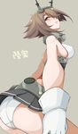  ass bad_id bad_pixiv_id breasts brown_background brown_hair gloves green_eyes hair_over_one_eye kantai_collection medium_breasts mutsu_(kantai_collection) panties shokuen_shiwe short_hair sideboob solo underwear white_panties 