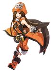  anchor bare_shoulders belt boots brown_hair fingerless_gloves full_body gloves guilty_gear guilty_gear_xrd hat hyakuhachi_(over3) long_hair may_(guilty_gear) orange_eyes orange_hat orange_shirt pirate_hat shirt solo white_background 