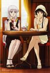  arashiyama_sayoko arm arm_rest arms black_dress black_hair blue_eyes blush cafe chair chin_rest crossed_legs cup curtains dessert dress drinking_straw food glass hat hime_cut ice_cream jewelry kaja_bergmann legs long_hair looking_at_viewer multiple_girls natsu_no_arashi! necklace official_art red_eyes sandals scan shy sitting smile spoon sun_hat sundress table white_hair window 