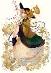  blush embellished_costume eyeball floral_print flower green_eyes green_hair hat hat_ribbon heart heart_of_string komeiji_koishi kyachi long_sleeves new_mask_of_hope open_mouth petals ribbon short_hair sitting skirt smile solo third_eye touhou wide_sleeves 