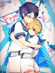  blonde_hair blue_hair free! glasses hat hazuki_nagisa highres hug male_focus multiple_boys one_eye_closed purple_eyes red_eyes ryuugazaki_rei sailor sailor_hat shorts smile tkhs2030 