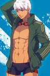  abs archer ass_visible_through_thighs brown_eyes dark_skin dark_skinned_male fate/stay_night fate_(series) goggles goggles_around_neck hood hoodie jacket kin_mokusei male_focus male_swimwear solo swim_trunks swimwear track_jacket white_hair 