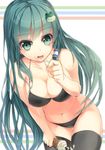  absurdres bare_shoulders bikini black_bikini black_legwear blush breasts cleavage collarbone food frog_hair_ornament green_eyes green_hair hair_ornament highres ice_cream kochiya_sanae large_breasts long_hair monoto navel solo swimsuit thighhighs tongue touhou 