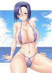  areolae ayato bikini blue_hair blush breasts brown_eyes day glasses highres large_breasts looking_at_viewer micro_bikini niimi_kaoru nipples ocean pubic_hair pussy see-through short_hair sky solo spread_legs sweat swimsuit uchuu_senkan_yamato uchuu_senkan_yamato_2199 