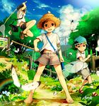  bandages barefoot black_eyes bug butterfly butterfly_net cloud day dirty_feet hand_net hat insect male_focus multiple_boys noeyebrow_(mauve) original rainbow sky standing straw_hat 