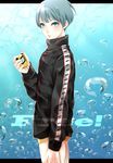  bad_id bad_pixiv_id blue_eyes bubble copyright_name free! jacket loverusu male_focus male_swimwear mole mole_under_eye nitori_aiichirou silver_hair solo stopwatch swim_briefs swimwear watch 