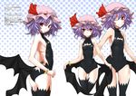  ;) ass back bangle bare_shoulders bat_wings black_legwear bracelet closed_mouth fang hat jewelry kuronuko_neero low_wings mob_cap one-piece_swimsuit one_eye_closed purple_hair red_eyes remilia_scarlet short_hair smile solo swimsuit thigh_gap thighhighs touhou wings 