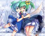  bloomers blue_eyes blue_hair blush cirno daiyousei frozen_lake green_eyes green_hair hair_ribbon hakkotsu_shitai holding_hands ice ice_skates interlocked_fingers multiple_girls ribbon short_hair skates touhou underwear wings 