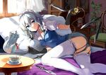 ass bed black_gloves black_panties blue_eyes bow braid character_doll cup emerane floating floating_object garter_straps gloves hair_bow izayoi_sakuya knife lying maid_headdress on_side panties pillow pocket_watch remilia_scarlet shorts silver_hair solo tea teacup teapot thighhighs touhou twin_braids underwear watch weapon white_legwear 