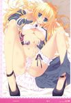  :o ahoge blonde_hair blue_eyes blush breasts covered_nipples erect_nipples garter_belt highres long_hair navel open_legs open_mouth panties ribbon see-through skirt_around_legs spread_legs string_panties tsurusaki_takahiro underboob underwear very_long_hair 