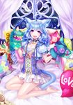  animal_ears barefoot bed bell bell_choker blue_hair box_(hotpppink) cat_ears cat_tail choker dress hand_puppet happy legs long_hair original pillow puppet purple_eyes solo tail 