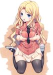  :o bad_id bad_pixiv_id black_legwear blonde_hair blue_eyes blush breast_lift breasts frenda_seivelun long_hair looking_at_viewer necktie sitting skirt small_breasts solo thighhighs to_aru_kagaku_no_railgun to_aru_majutsu_no_index wariza yappen zettai_ryouiki 