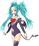  blush choker circumflex_(noduti) demon_tail detached_sleeves dina flat_chest leotard light_blue_hair long_hair navel navel_cutout open_mouth pointy_ears red_eyes single_thighhigh solo strapless summon_night summon_night_swordcraft_story_2 tail thighhighs twintails 