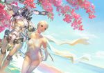  arms_behind_back bare_shoulders beach blonde_hair blue_eyes bodysuit cherry_blossoms day dutch_angle highres light_smile ocean original outdoors robot short_hair sky solo takayama_toshiaki water 
