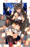  bare_shoulders blush breasts brown_hair cleavage covering covering_breasts elbow_gloves fingerless_gloves gloves hair_ornament kantai_collection large_breasts long_hair midriff miniskirt nagato_(kantai_collection) navel open_mouth red_eyes skirt solo tetsu_(kimuchi) thighhighs torn_clothes wince 