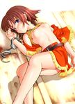  amy_(suisei_no_gargantia) belt blue_eyes breasts brown_hair cuffs handcuffs highres lying nipples on_back seminoyu shirt_lift small_breasts solo suisei_no_gargantia 